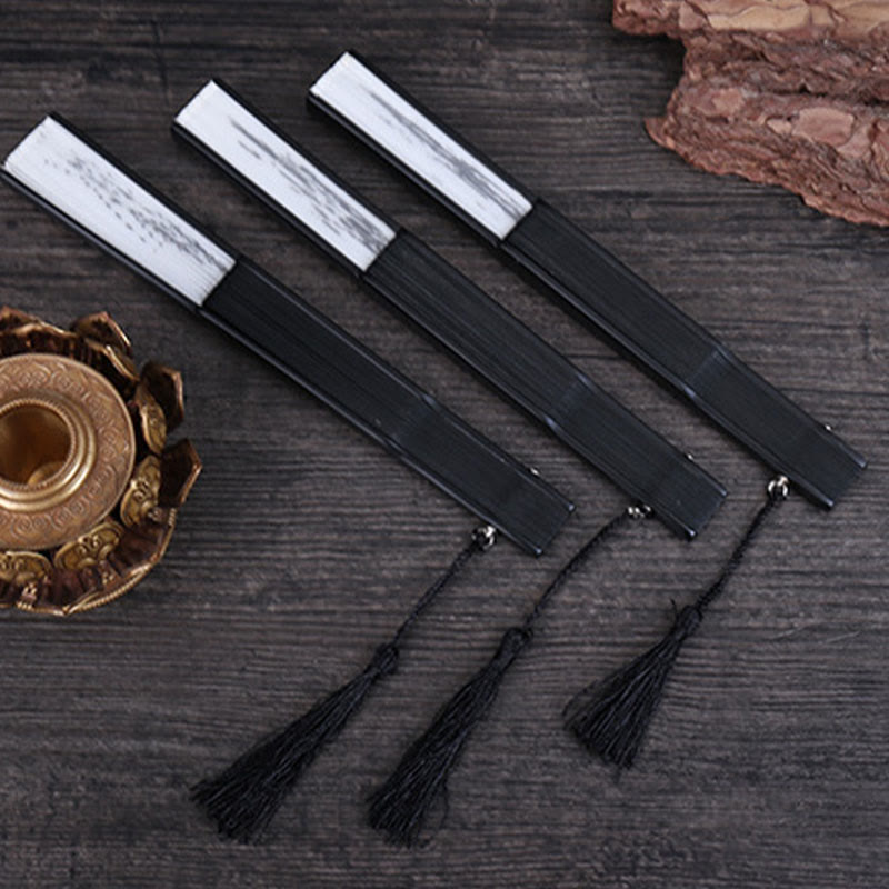 Buddha Stones Abanico plegable de bambú de seda de mano con diseño de montañas, ciruelo, flor de loto, urraca y hojas de bambú, 22,5 cm - image 13