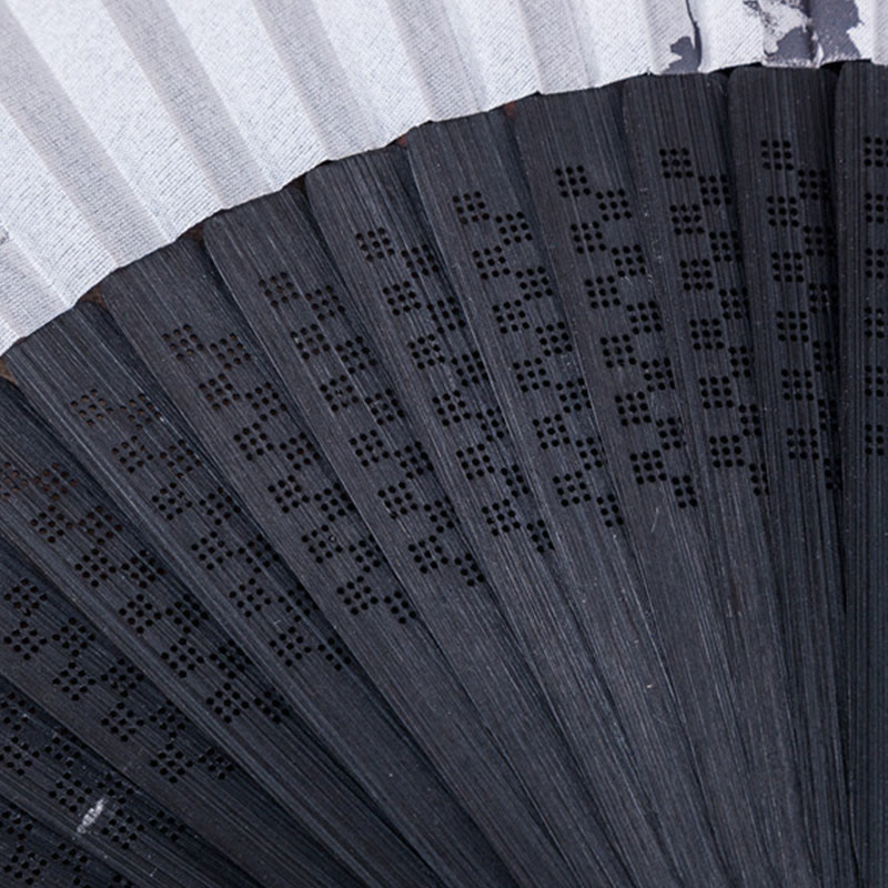 Buddha Stones Abanico plegable de bambú de seda de mano con diseño de montañas, ciruelo, flor de loto, urraca y hojas de bambú, 22,5 cm - image 6