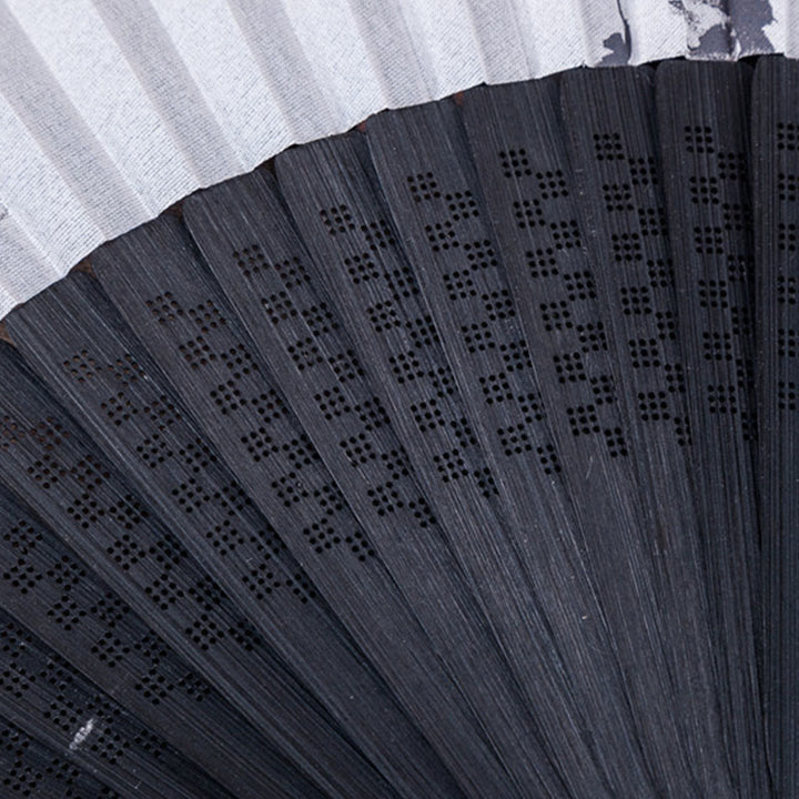 Buddha Stones Abanico plegable de bambú de seda de mano con diseño de montañas, ciruelo, flor de loto, urraca y hojas de bambú, 22,5 cm - image 6