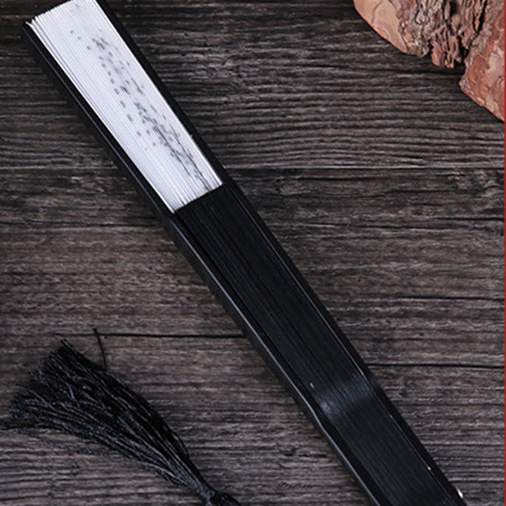 Buddha Stones Abanico plegable de bambú de seda de mano con diseño de montañas, ciruelo, flor de loto, urraca y hojas de bambú, 22,5 cm - image 17