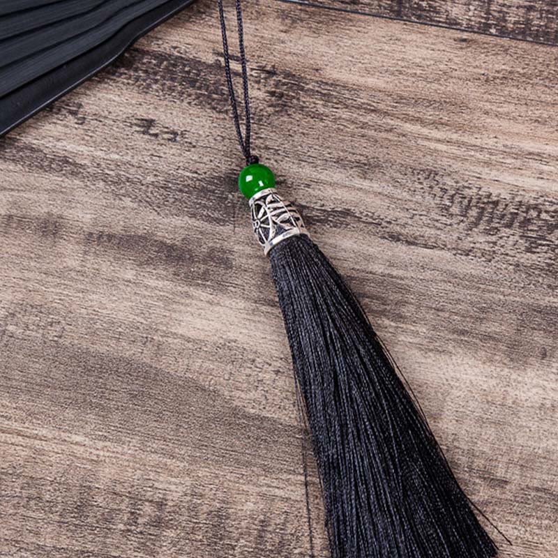 Buddha Stones Abanico plegable de bambú de seda de mano con diseño de montañas, ciruelo, flor de loto, urraca y hojas de bambú, 22,5 cm - image 7