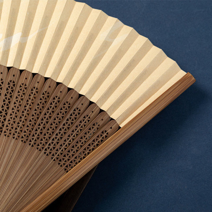 Buddha Stones Abanico plegable de bambú de seda de mano con diseño de libélula, gansos salvajes y flor de ciruelo, 22,5 cm - image 3