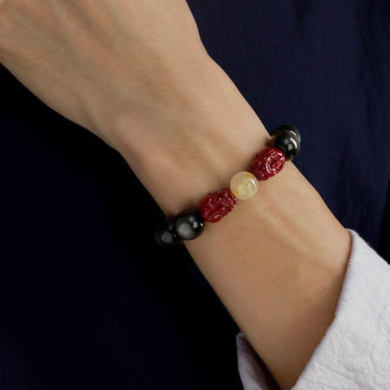 Pulsera de protección Om Mani Padme Hum de cinabrio PiXiu de obsidiana con brillo dorado de Buddha Stones