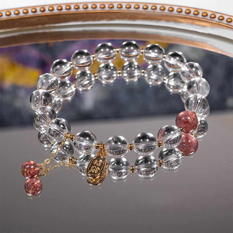 Buddha Stones Pulsera de cuarzo fresa de cristal blanco con amuleto curativo para atraer la fortuna - image 1