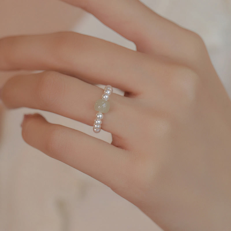 Buddha Stones Anillo de la suerte con cuentas redondas de jade y perlas - Color claro Jade - image 1