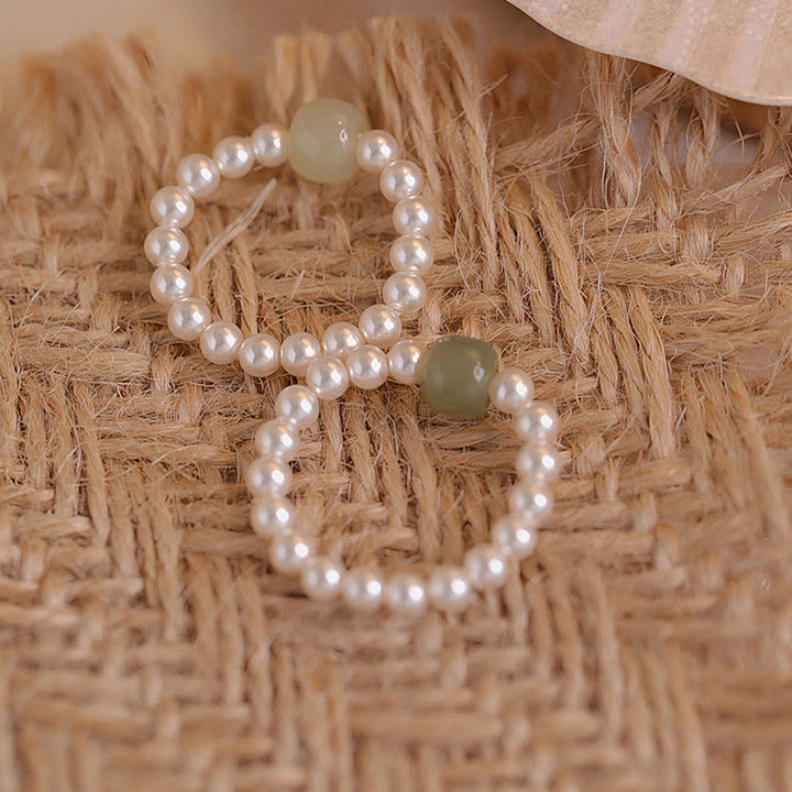 Buddha Stones Anillo de la suerte con cuentas redondas de jade y perlas - image 7