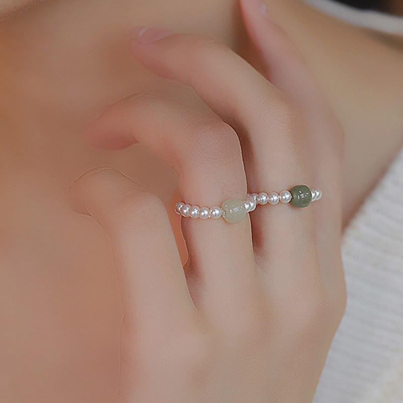 Buddha Stones Anillo de la suerte con cuentas redondas de jade y perlas - image 4