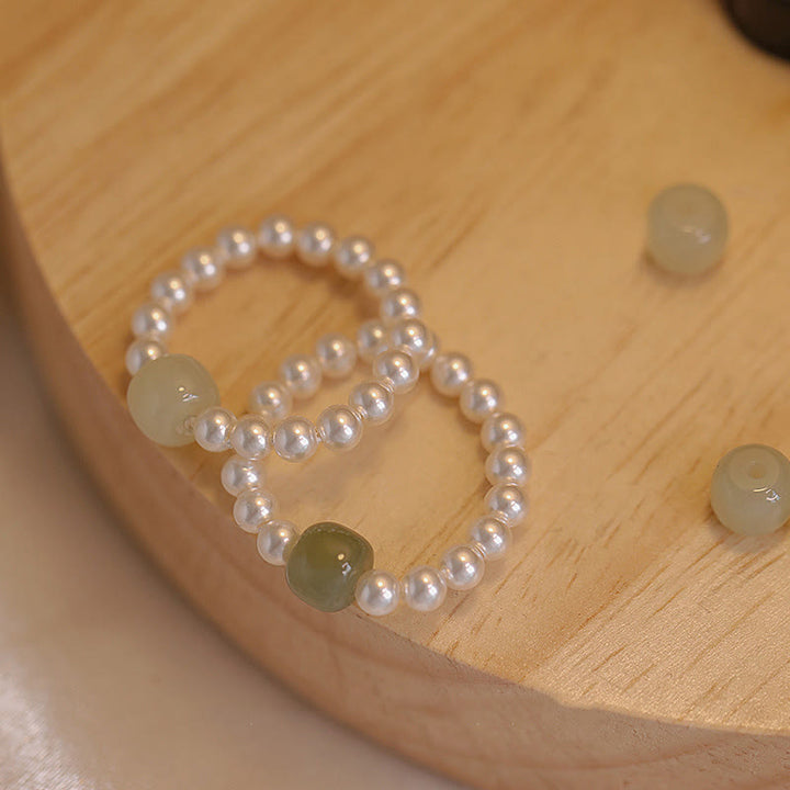 Buddha Stones Anillo de la suerte con cuentas redondas de jade y perlas - image 0