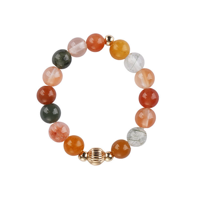 Buddha Stones Anillo de cobre bañado en oro de 14 k con cristales Fu Lu Shou y piedra lunar melocotón. - image 5