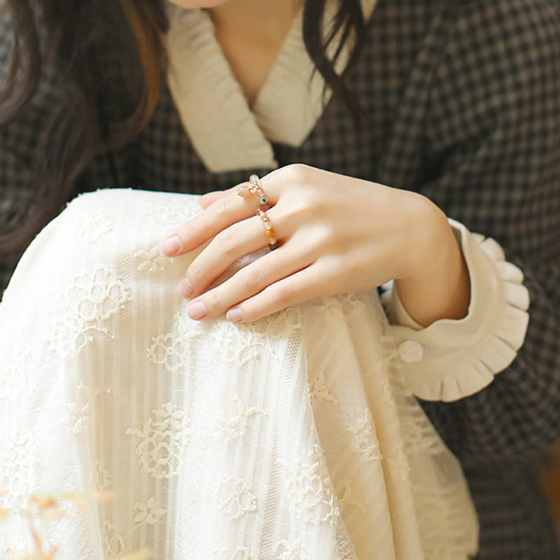 Buddha Stones Anillo de cobre bañado en oro de 14 k con cristales Fu Lu Shou y piedra lunar melocotón. - image 13