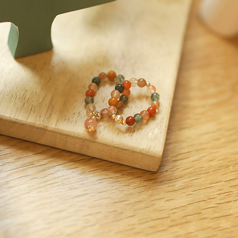 Buddha Stones Anillo de cobre bañado en oro de 14 k con cristales Fu Lu Shou y piedra lunar melocotón. - image 0