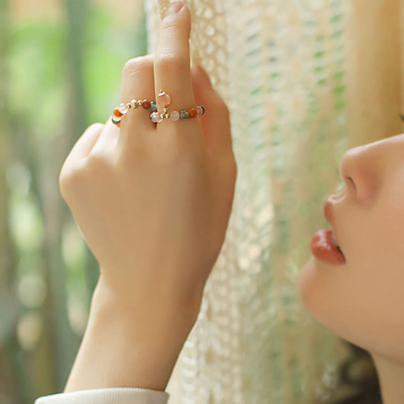 Buddha Stones Anillo de cobre bañado en oro de 14 k con cristales Fu Lu Shou y piedra lunar melocotón. - image 14