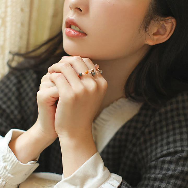 Buddha Stones Anillo de cobre bañado en oro de 14 k con cristales Fu Lu Shou y piedra lunar melocotón. - image 12