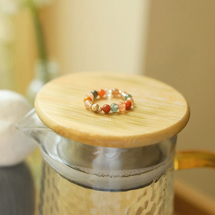 Buddha Stones Anillo de cobre bañado en oro de 14 k con cristales Fu Lu Shou y piedra lunar melocotón. - Anillo Fu Lu Shou (cuerda elástica) - image 2