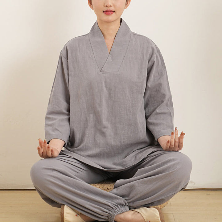 Conjunto de 2 piezas de camisa y pantalones de lino y algodón con cuello en V y mangas tres cuartos para mujer, con Buddha Stones , para meditación, zen y tai chi.