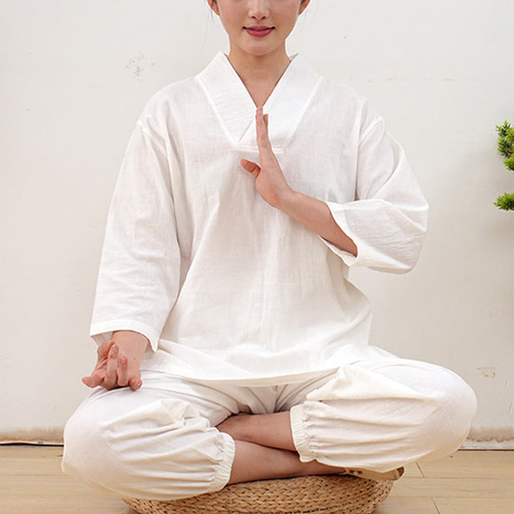 Conjunto de 2 piezas de camisa y pantalones de lino y algodón con cuello en V y mangas tres cuartos para mujer, con Buddha Stones , para meditación, zen y tai chi.