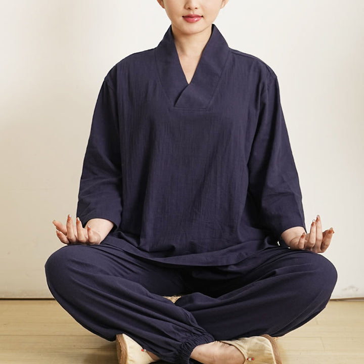 Conjunto de 2 piezas de camisa y pantalones de lino y algodón con cuello en V y mangas tres cuartos para mujer, con Buddha Stones , para meditación, zen y tai chi.