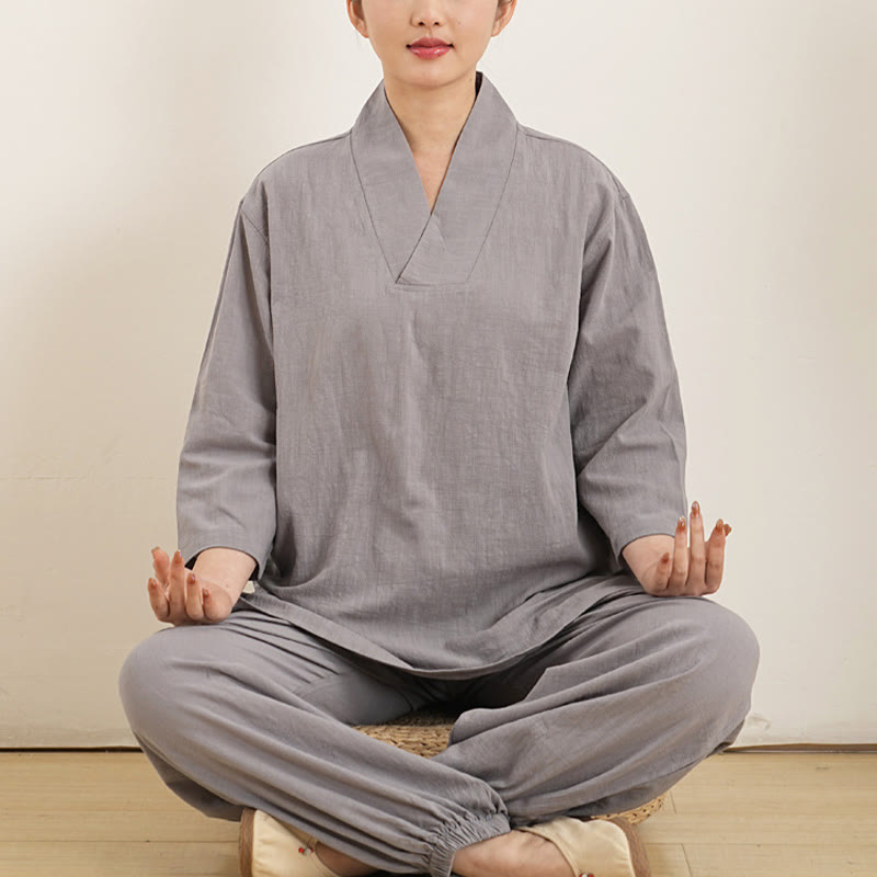 Conjunto de 2 piezas de camisa y pantalones de lino y algodón con cuello en V y mangas tres cuartos para mujer, con Buddha Stones , para meditación, zen y tai chi. - Gris (Top y pantalones) - US12，UK/AU16，EU44 (XL) - image 0