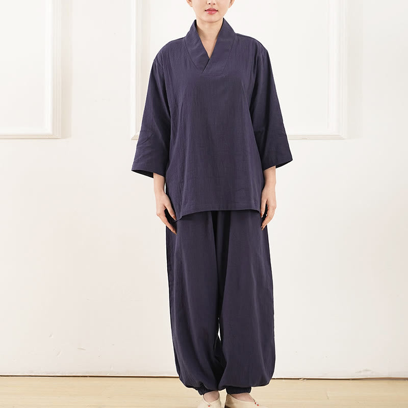 Conjunto de 2 piezas de camisa y pantalones de lino y algodón con cuello en V y mangas tres cuartos para mujer, con Buddha Stones , para meditación, zen y tai chi.