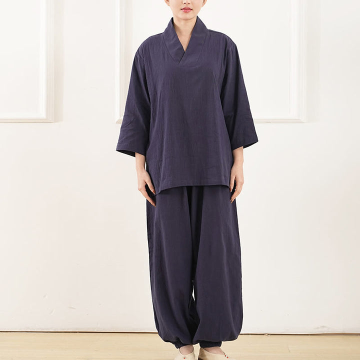 Conjunto de 2 piezas de camisa y pantalones de lino y algodón con cuello en V y mangas tres cuartos para mujer, con Buddha Stones , para meditación, zen y tai chi.