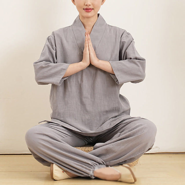Conjunto de 2 piezas de camisa y pantalones de lino y algodón con cuello en V y mangas tres cuartos para mujer, con Buddha Stones , para meditación, zen y tai chi.