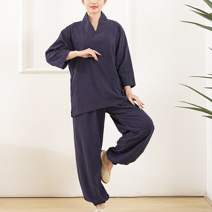 Conjunto de 2 piezas de camisa y pantalones de lino y algodón con cuello en V y mangas tres cuartos para mujer, con Buddha Stones , para meditación, zen y tai chi.