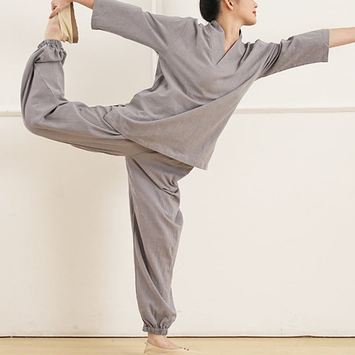 Conjunto de 2 piezas de camisa y pantalones de lino y algodón con cuello en V y mangas tres cuartos para mujer, con Buddha Stones , para meditación, zen y tai chi.
