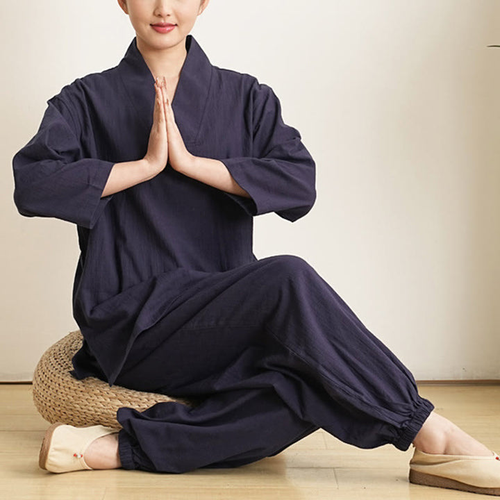 Conjunto de 2 piezas de camisa y pantalones de lino y algodón con cuello en V y mangas tres cuartos para mujer, con Buddha Stones , para meditación, zen y tai chi.