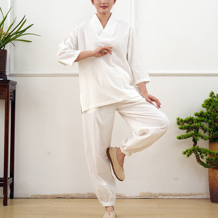 Conjunto de 2 piezas de camisa y pantalones de lino y algodón con cuello en V y mangas tres cuartos para mujer, con Buddha Stones , para meditación, zen y tai chi.