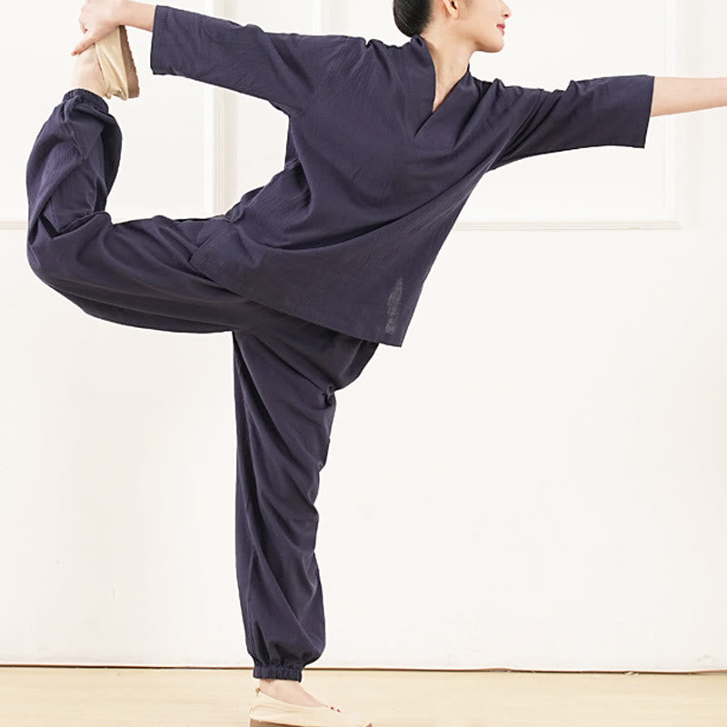 Conjunto de 2 piezas de camisa y pantalones de lino y algodón con cuello en V y mangas tres cuartos para mujer, con Buddha Stones , para meditación, zen y tai chi.