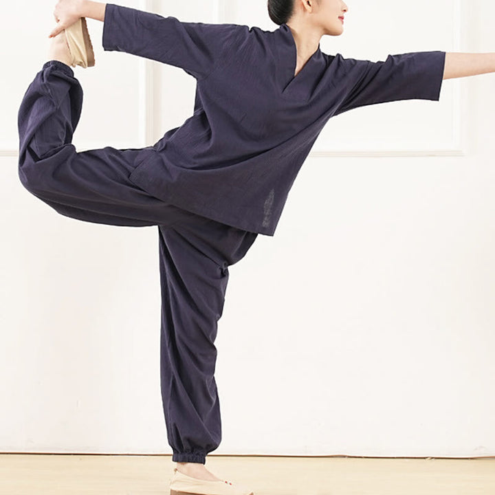 Conjunto de 2 piezas de camisa y pantalones de lino y algodón con cuello en V y mangas tres cuartos para mujer, con Buddha Stones , para meditación, zen y tai chi.