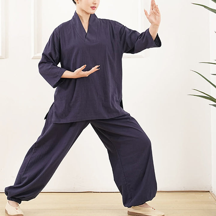 Conjunto de 2 piezas de camisa y pantalones de lino y algodón con cuello en V y mangas tres cuartos para mujer, con Buddha Stones , para meditación, zen y tai chi.