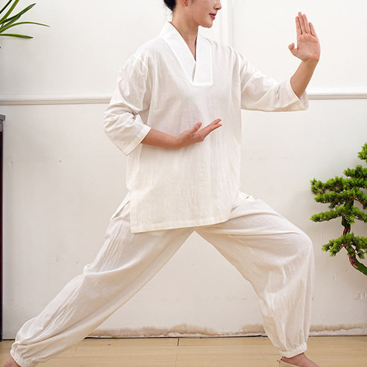 Conjunto de 2 piezas de camisa y pantalones de lino y algodón con cuello en V y mangas tres cuartos para mujer, con Buddha Stones , para meditación, zen y tai chi.