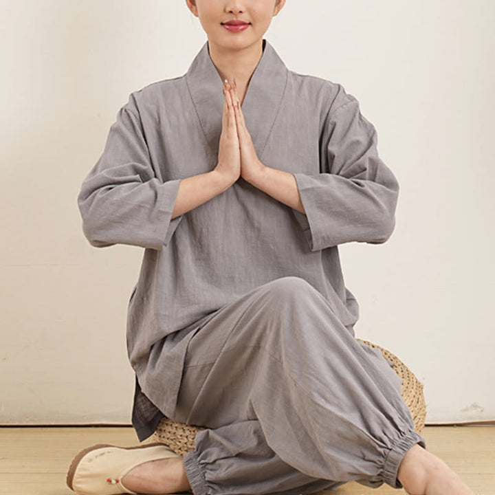 Conjunto de 2 piezas de camisa y pantalones de lino y algodón con cuello en V y mangas tres cuartos para mujer, con Buddha Stones , para meditación, zen y tai chi.