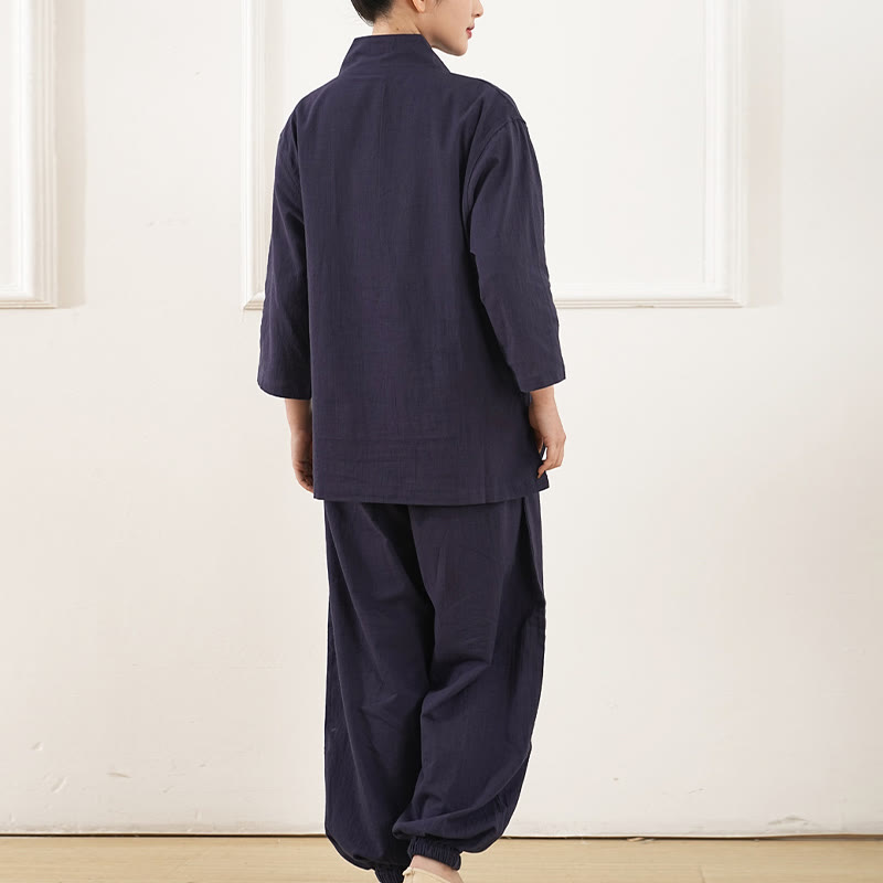 Conjunto de 2 piezas de camisa y pantalones de lino y algodón con cuello en V y mangas tres cuartos para mujer, con Buddha Stones , para meditación, zen y tai chi.