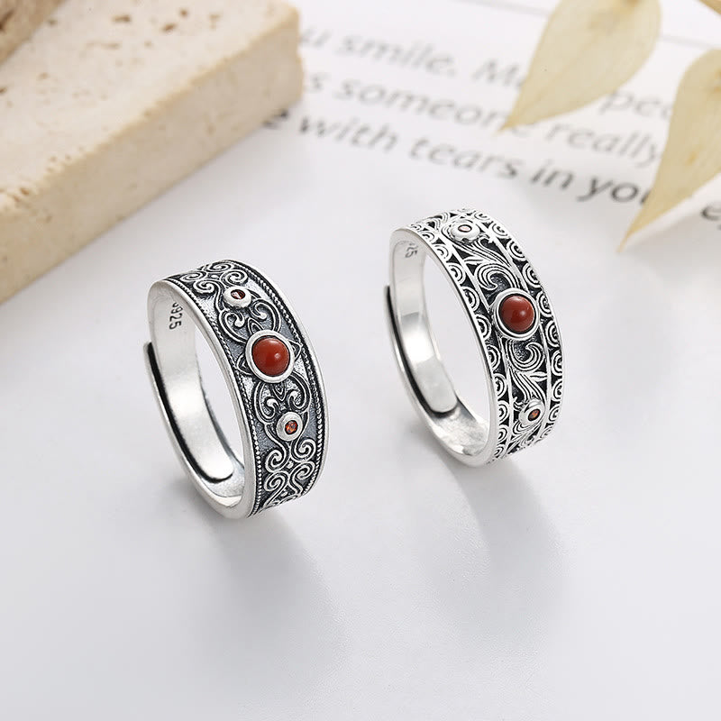 Buddha Stones Anillo de plata de ley 925 con ágata roja incrustada y nubes auspiciosas para el pensamiento lógico. - image 0