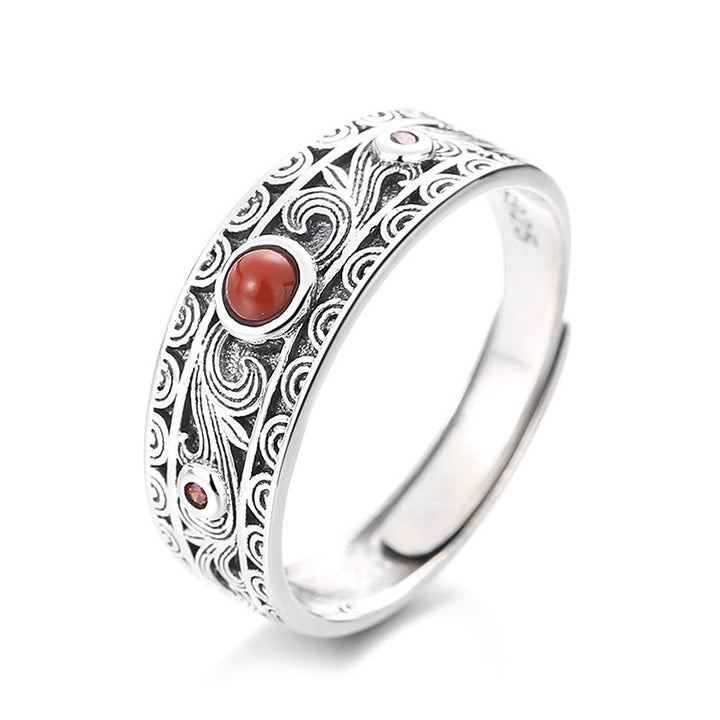 Buddha Stones Anillo de plata de ley 925 con ágata roja incrustada y nubes auspiciosas para el pensamiento lógico. - Ágata roja Nubes auspiciosas 3,1 g (ajustable) - image 1