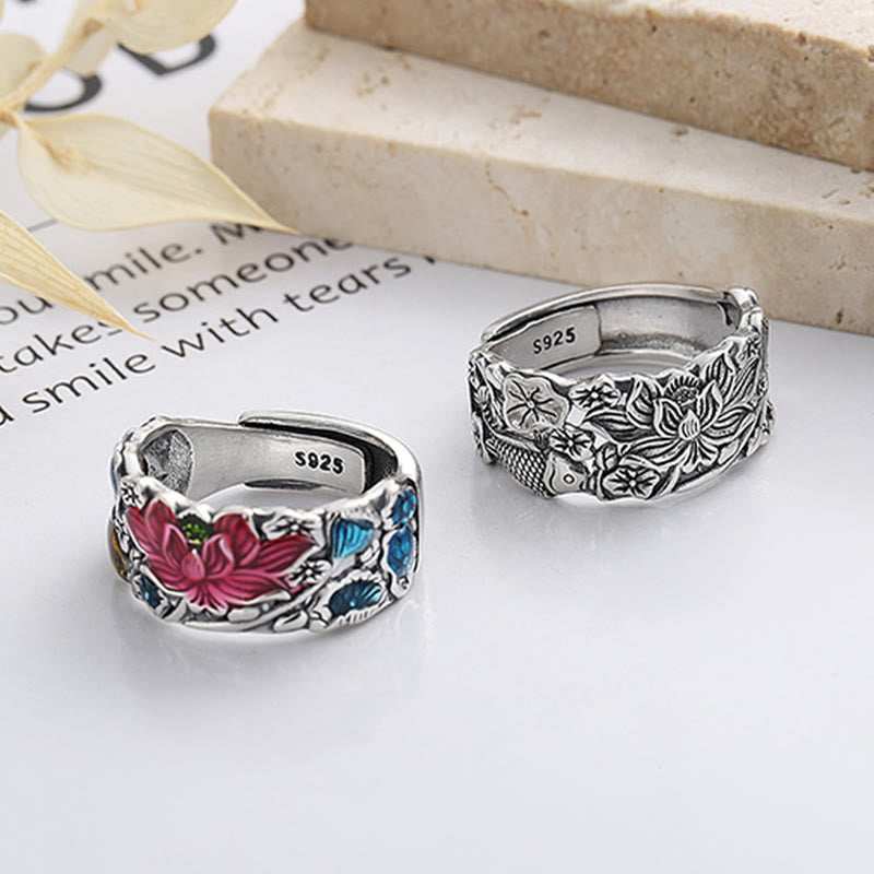 Buddha Stones Anillo de prosperidad con flor de loto y pez koi en plata de ley 925 - image 1