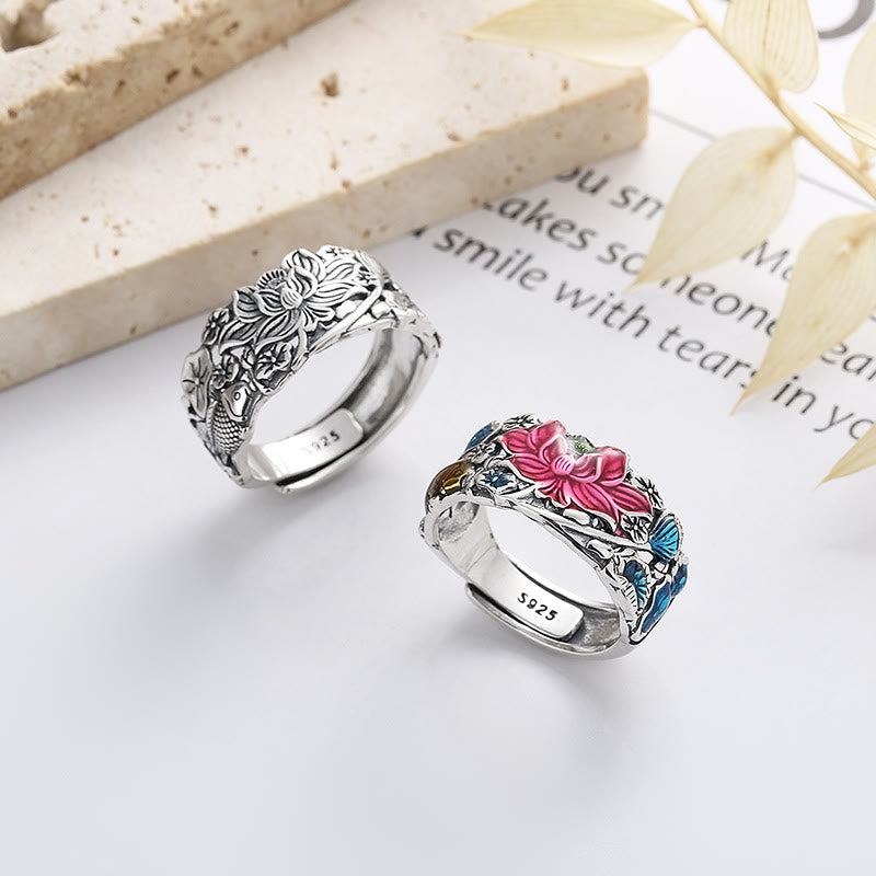 Buddha Stones Anillo de prosperidad con flor de loto y pez koi en plata de ley 925 - image 0