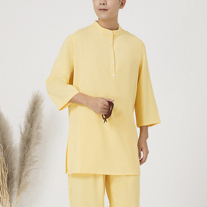 Buddha Stones Conjunto de 2 piezas de camisa de manga tres cuartos con botones para hombre, pantalones de meditación, zen, tai chi, algodón y lino - Amarillo (Top y pantalones) - US/UK/AU40, EU50 (2XL) - image 10