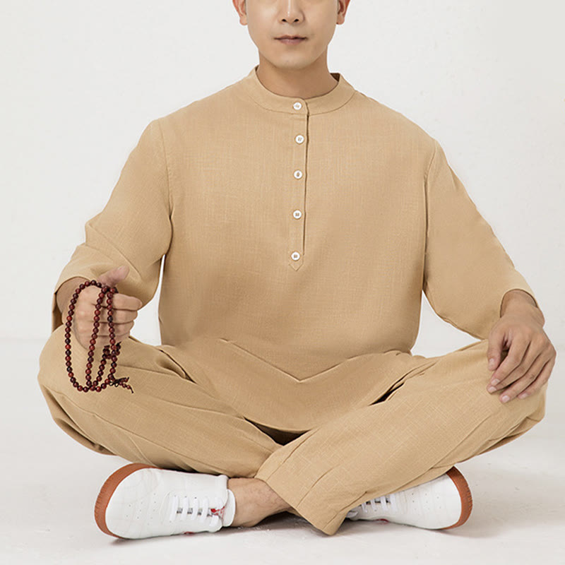 Buddha Stones Conjunto de 2 piezas de camisa de manga tres cuartos con botones para hombre, pantalones de meditación, zen, tai chi, algodón y lino - Marrón (Top y pantalones) - US/UK/AU40, EU50 (2XL) - image 13