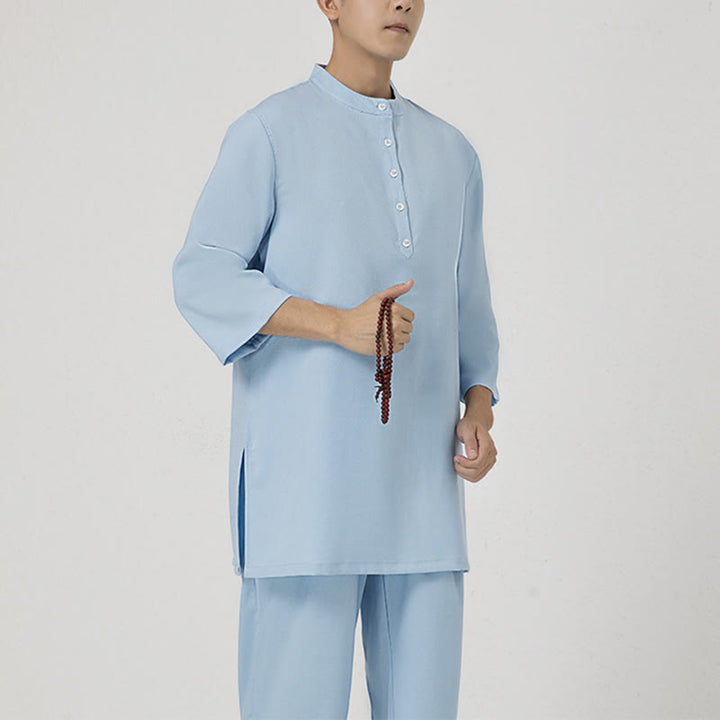 Buddha Stones Conjunto de 2 piezas de camisa de manga tres cuartos con botones para hombre, pantalones de meditación, zen, tai chi, algodón y lino - Azul (Top y pantalones) - US/UK/AU40, EU50 (2XL) - image 7