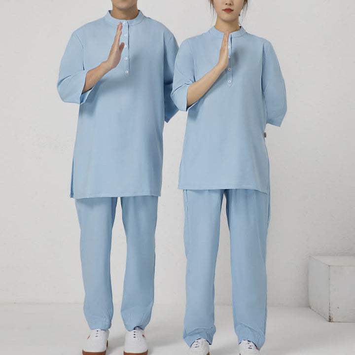 Buddha Stones Conjunto de 2 piezas de camisa de manga tres cuartos con botones para hombre, pantalones de meditación, zen, tai chi, algodón y lino - image 8