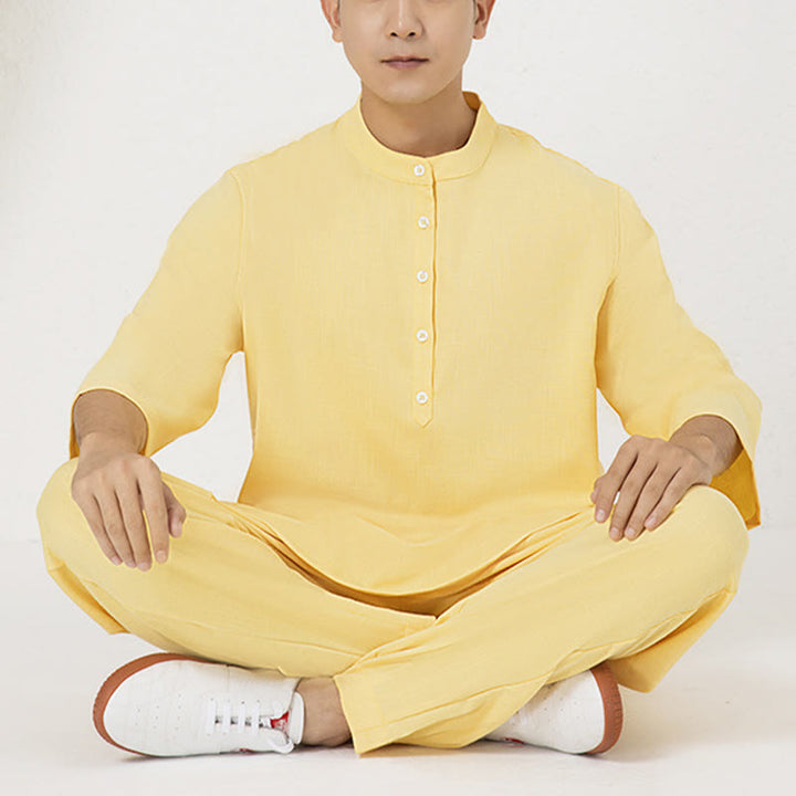 Buddha Stones Conjunto de 2 piezas de camisa de manga tres cuartos con botones para hombre, pantalones de meditación, zen, tai chi, algodón y lino - image 11