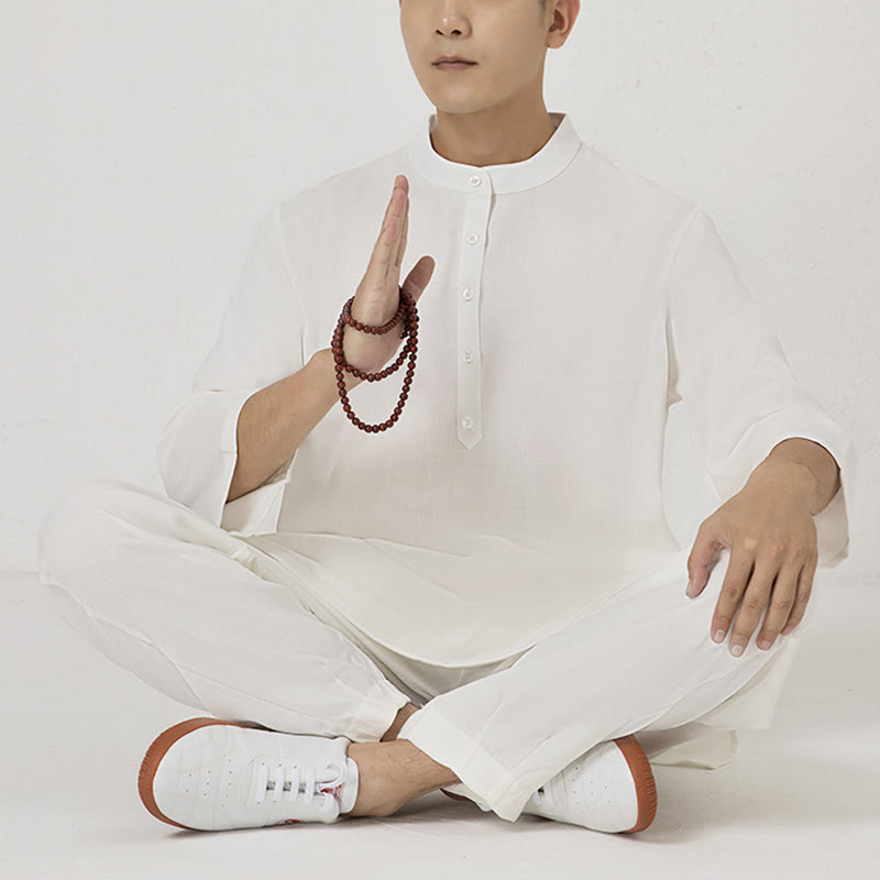 Buddha Stones Conjunto de 2 piezas de camisa de manga tres cuartos con botones para hombre, pantalones de meditación, zen, tai chi, algodón y lino - Blanco (Top y pantalones) - US/UK/AU40, EU50 (2XL) - image 0