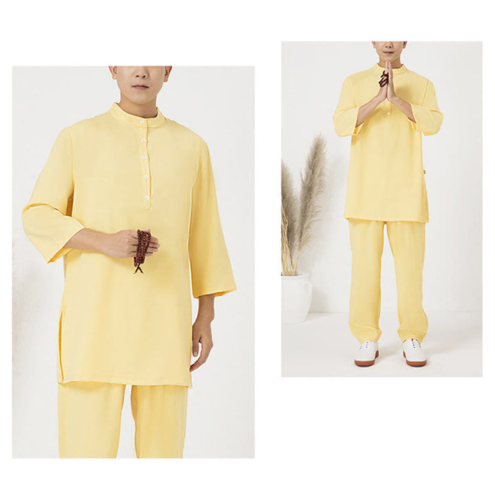 Buddha Stones Conjunto de 2 piezas de camisa de manga tres cuartos con botones para hombre, pantalones de meditación, zen, tai chi, algodón y lino - image 12
