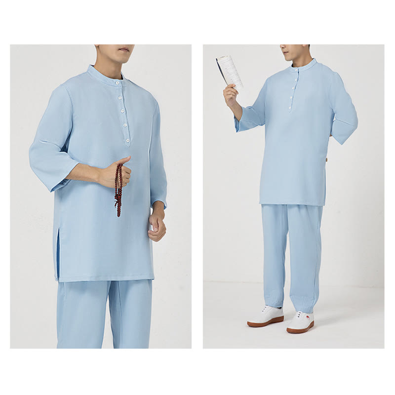 Buddha Stones Conjunto de 2 piezas de camisa de manga tres cuartos con botones para hombre, pantalones de meditación, zen, tai chi, algodón y lino - image 9