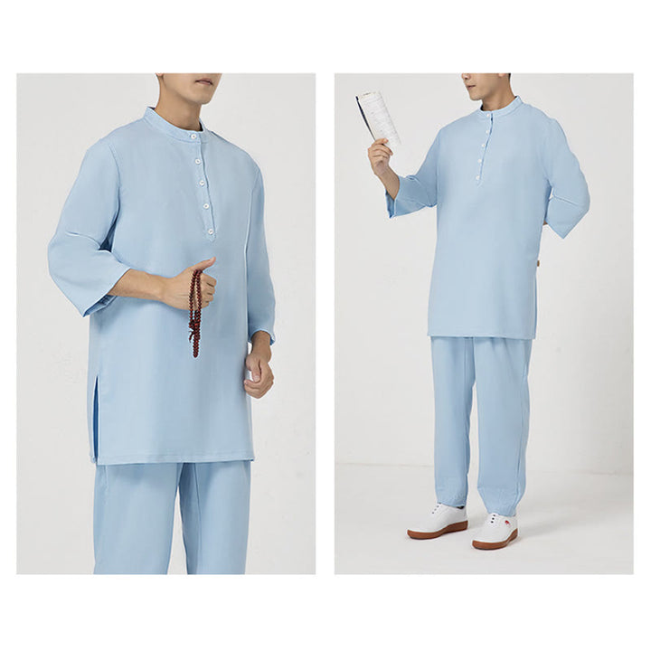 Buddha Stones Conjunto de 2 piezas de camisa de manga tres cuartos con botones para hombre, pantalones de meditación, zen, tai chi, algodón y lino - image 9