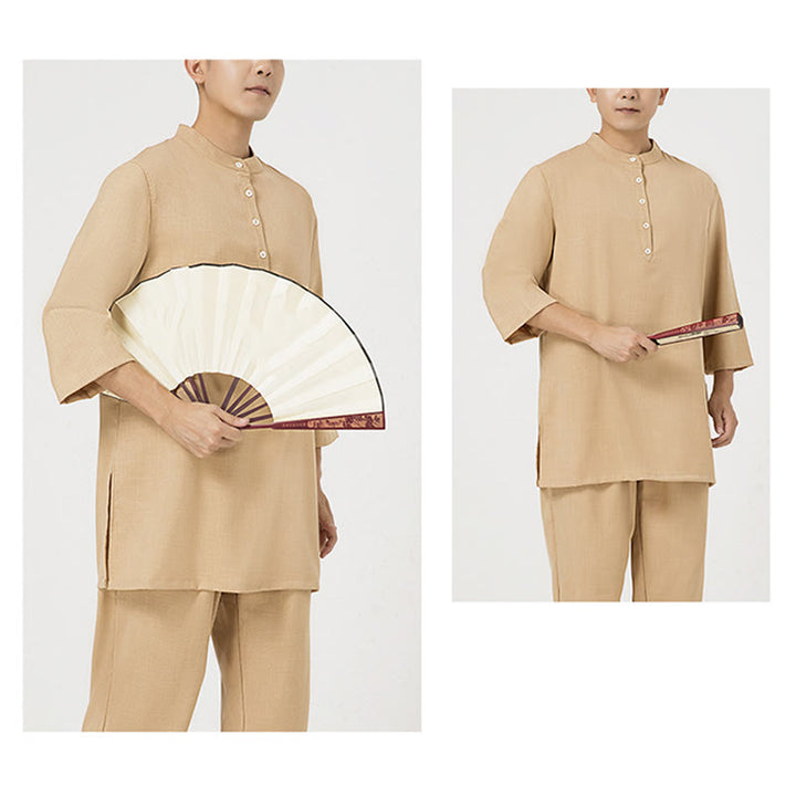 Buddha Stones Conjunto de 2 piezas de camisa de manga tres cuartos con botones para hombre, pantalones de meditación, zen, tai chi, algodón y lino - image 14