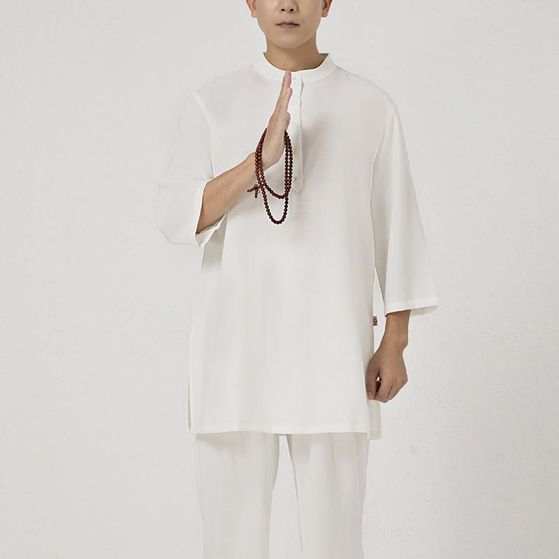 Buddha Stones Conjunto de 2 piezas de camisa de manga tres cuartos con botones para hombre, pantalones de meditación, zen, tai chi, algodón y lino - image 1